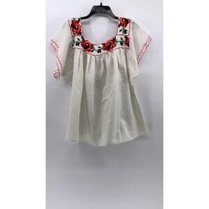 UNBRANDE Women's White-Multi Embroidered Traditional Short Sleeve Blouse SZ L